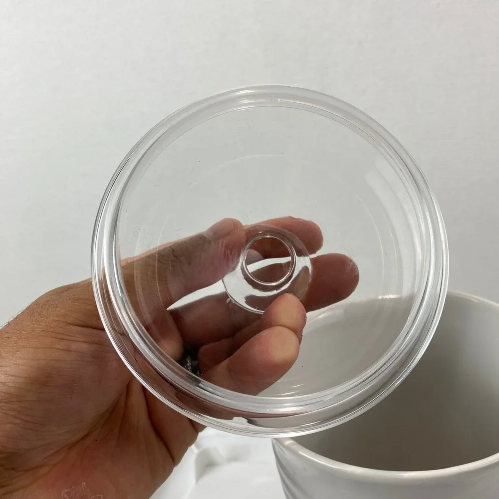 Le Creuset White Stoneware Canister Clear Glass Lid Tool Crock 7in